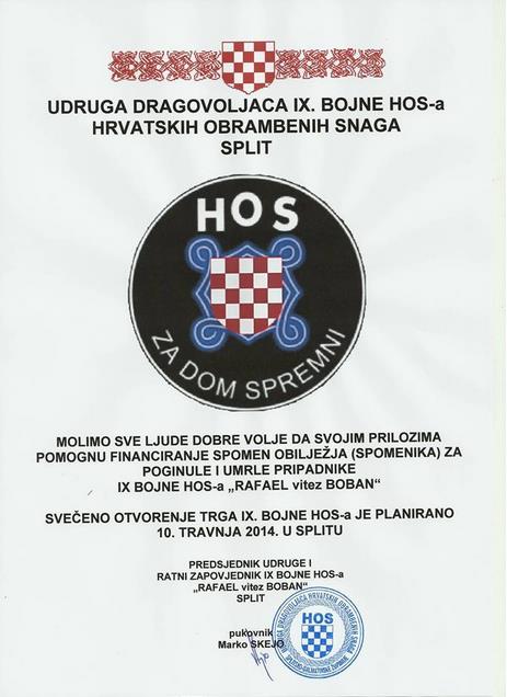 HOS-ovci 10. travnja otkrivaju spomenik u Splitu