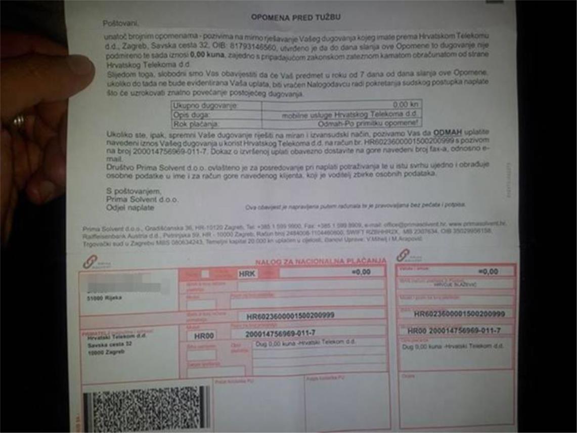 Račun Hrvatskog Telekoma od 0,00 kuna
