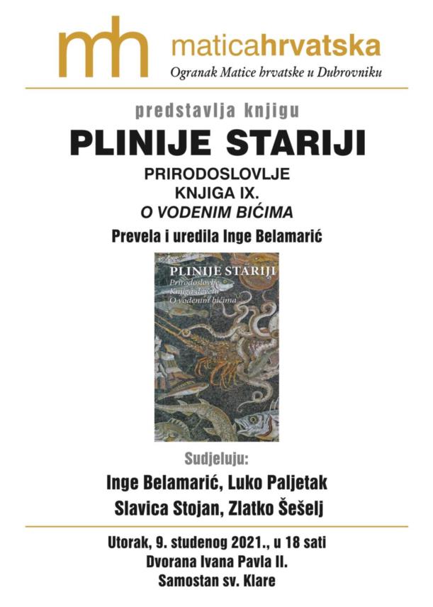 Predstavljanje knjige PLINIJE STARIJI: PRIRODOSLOVLJE, knjiga IX., ''O VODENIM BIĆIMA''