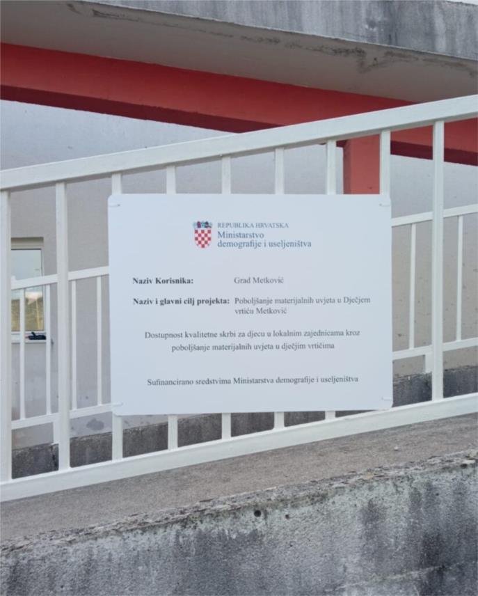 Završetak projekta poboljšanja materijalnih uvjeta u Dječjem vrtiću Metković Završetak projekta poboljšanja materijalnih uvjeta u Dječjem vrtiću Metković