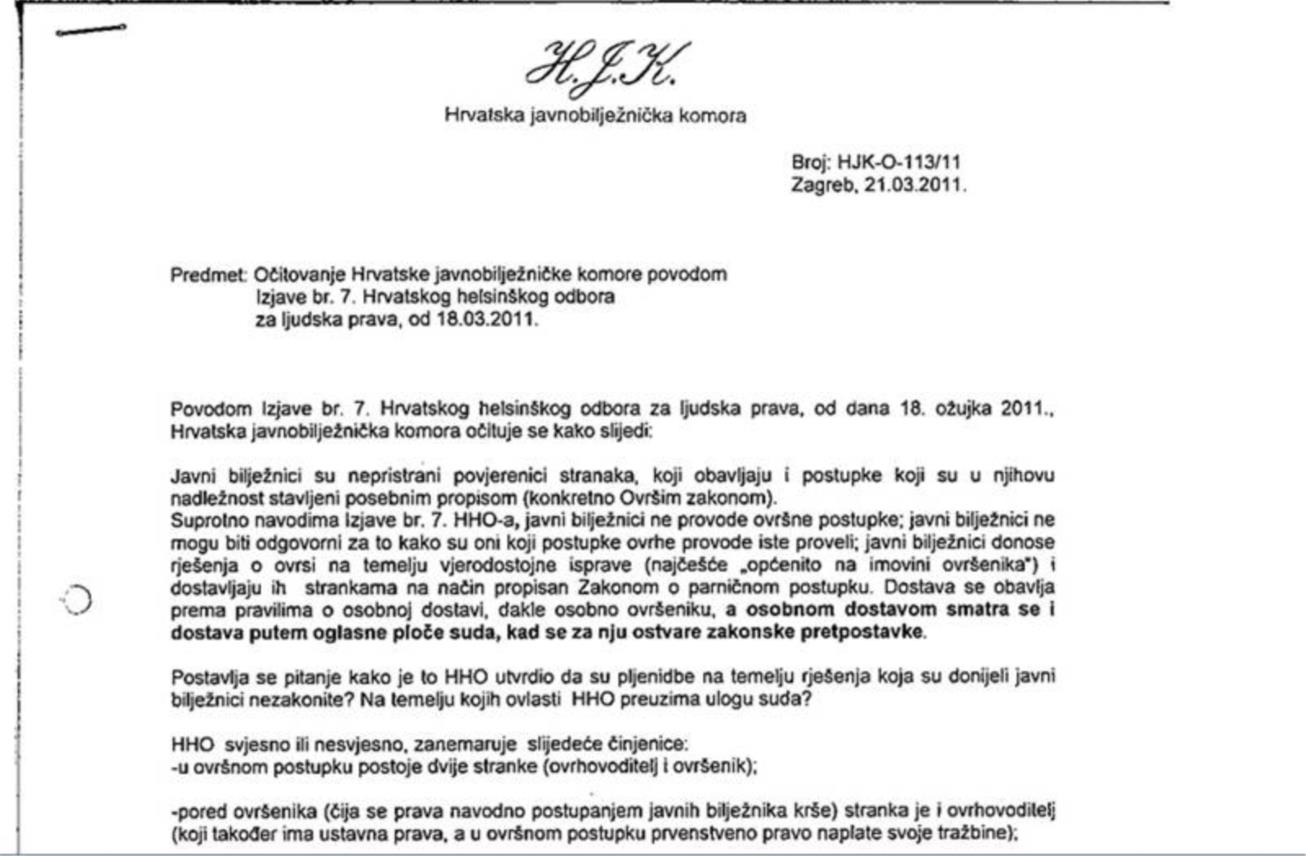 Očitovanje Hrvatske javnobilježničke komore 1