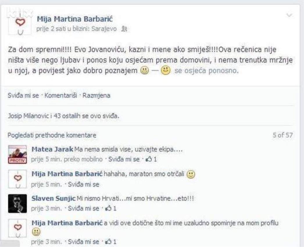 Službenica Vlade BiH: 'Za dom spremni, Jovanoviću kazni i mene ako smiješ'
