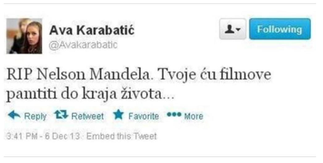 Ava Karabatić: RIP Nelson Mandela, tvoje ću filmove pratiti do kraja života