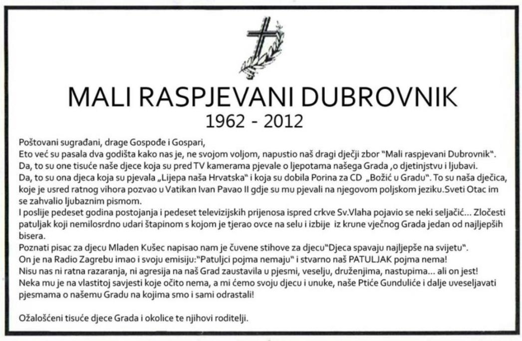OBJAVLJENA OSMRTNICA 'MALOG RASPJEVANOG DUBROVNIKA' - Kako je zločesti Patuljak uništio Ptiće Gunduliće!