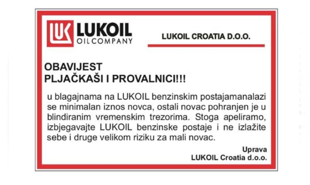 Lukoil se oglasom u novinama obratio - pljačkašima i provalnicima