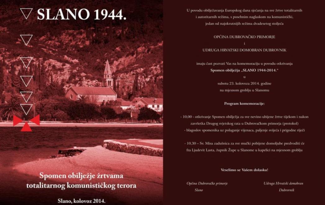 SLANO 1944-2014. Otkrivanje spomen obilježja žrtvama totalitarnog komunističkog terora ovu subotu
