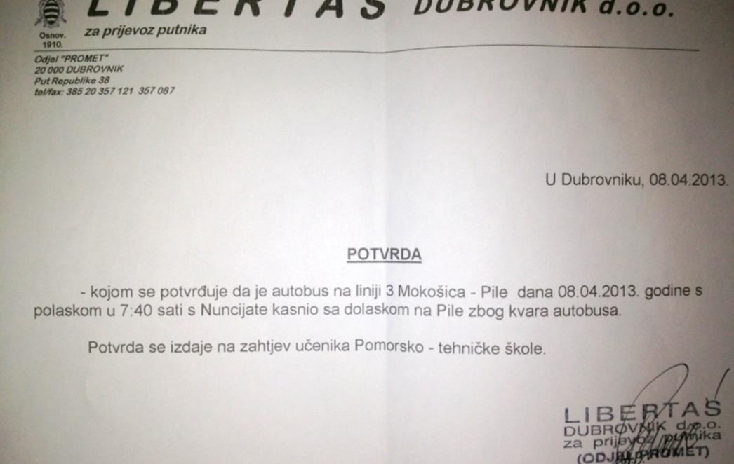 ČUDNO OBJAŠNJENJE LIBERTASA:Trica kasni jer taj autobus vozi na relaciji Mokošica - Pile