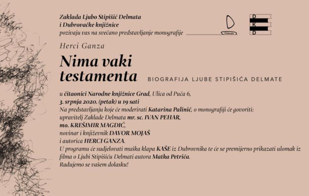 Zaklada Ljubo Stipišić Delmata u Dubrovačkim knjižnicama predstavlja monografiju 'Nima vaki testamenta' autorice Herci Ganza