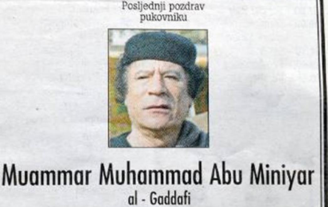 Crnogorci objavili osmrtnicu za Gadafija: 'Posljednji pozdrav pukovniku'