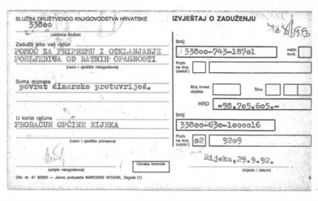 Uplatnica dokazuje: Novac za oružje vraćen je Gradu Rijeci