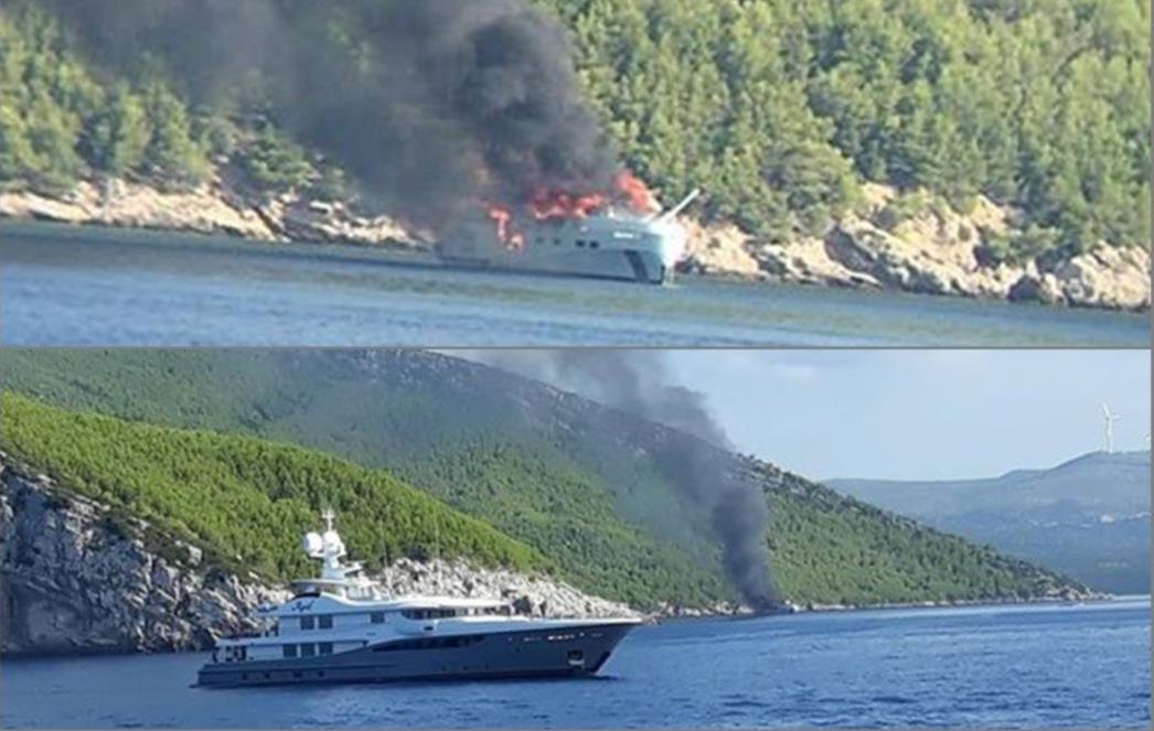 KRAJ OLIPE GORI LUKSUZNA JAHTA Lučka kapetanija i vatrogasci na mjestu događaja 