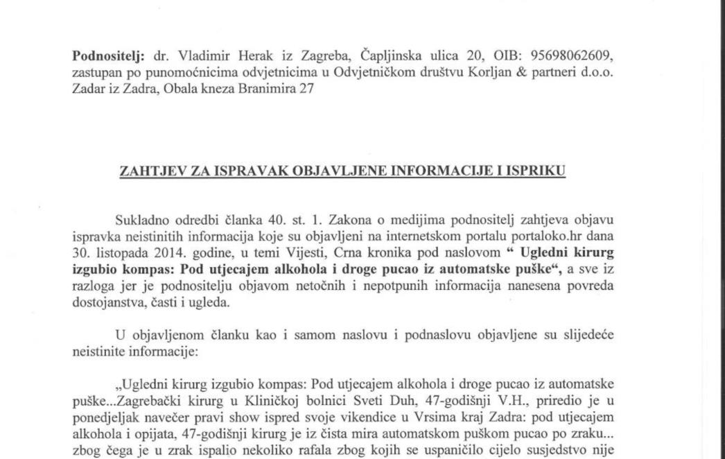 DEMANTI ODVJETNIČKOG DRUŠTVA KORLJAN & PARTNERI: Dr. Vladimir Herak nije bio pod utjecajem opojnih sredstava..
