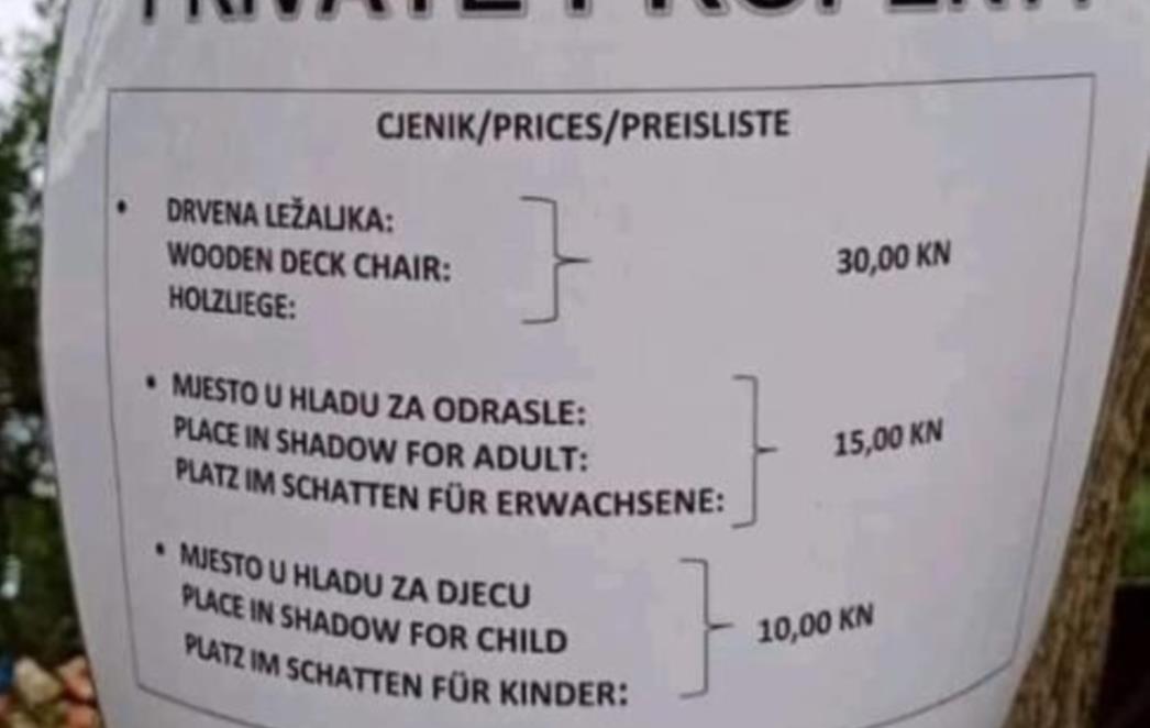 OVAKAV CJENIK SIGURNO JOŠ NISTE VIDJELI U kampu u Puntu odrasli mjesto u hladu plaćaju 15, a djeca 10 kuna!