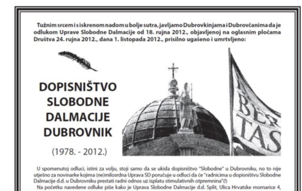 OSMRTNICA DOPISNIŠTVU SLOBODNE: 'Dubrovčani, zapalite svijeće za sve što vam ukidaju!'